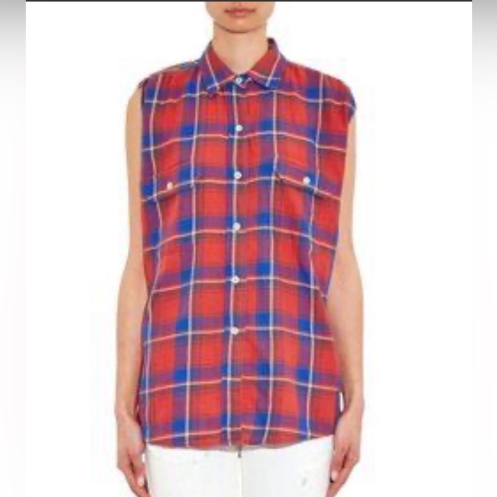 R13 Red & Blue Zipper Convertible Sleeveless Flannel Shirt
